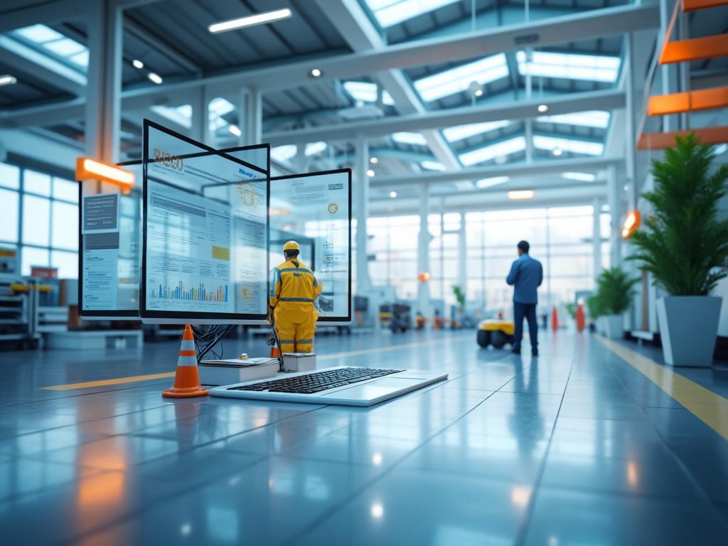 Interior de una fábrica moderna con un trabajador revisando datos en pantallas digitales y otra persona operando un vehículo autónomo.