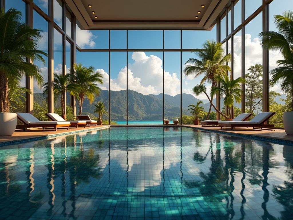Piscina interior con vistas a montañas y lago, rodeada de palmeras y tumbonas.