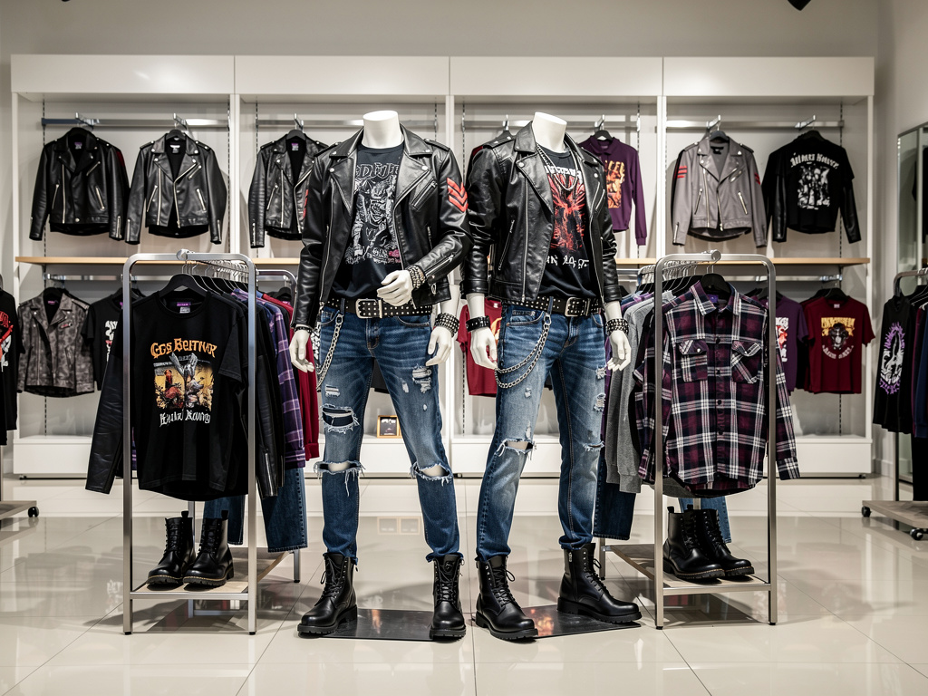 Maniquíes con chaquetas de cuero, camisetas rockeras, jeans rotos y botas en tienda de moda punk