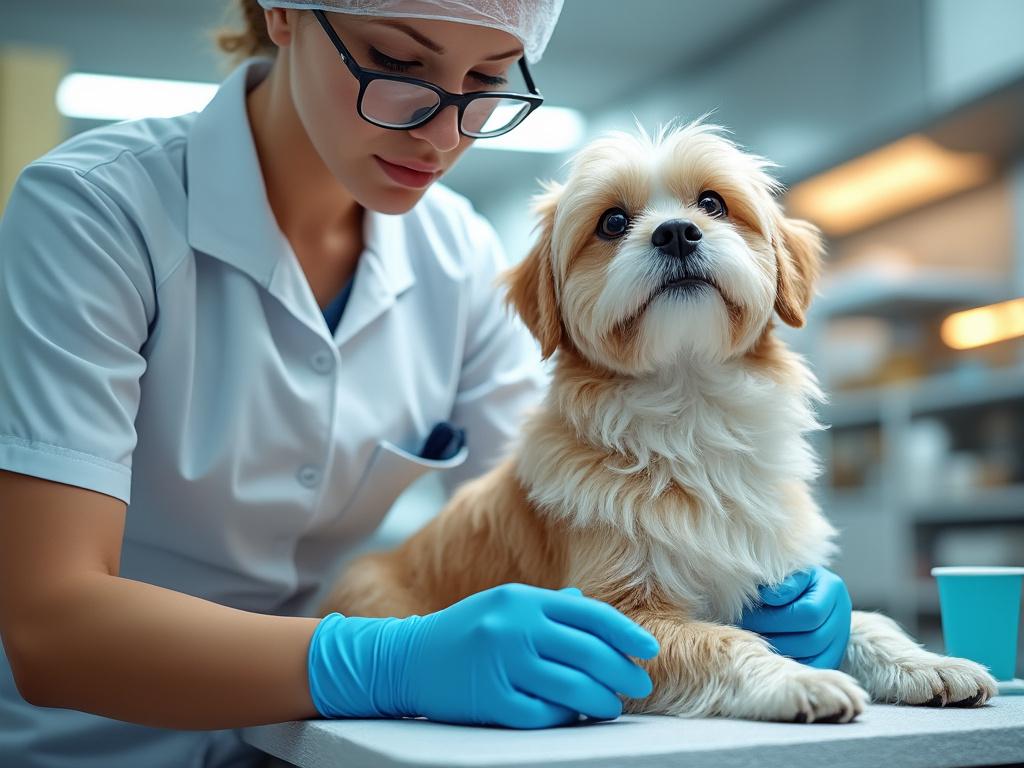 Veterinaria con uniforme blanco y guantes azules cuidando a un perro pequeño en una clínica.
