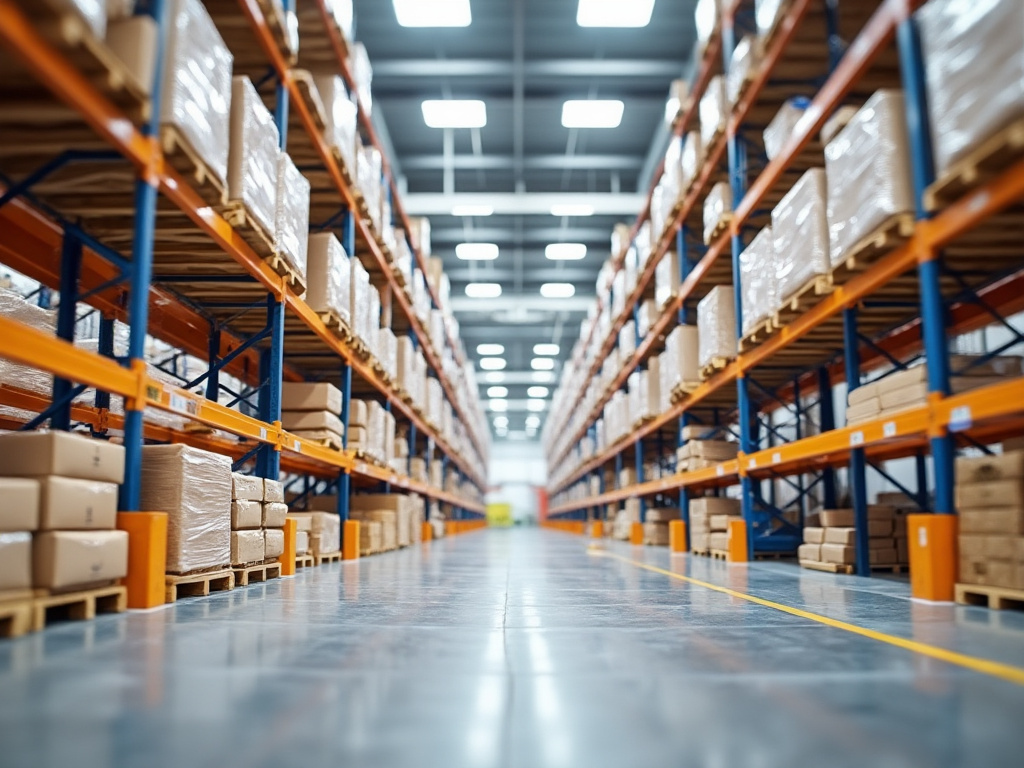 Almacén moderno con estanterías metálicas llenas de cajas y paquetes organizados.