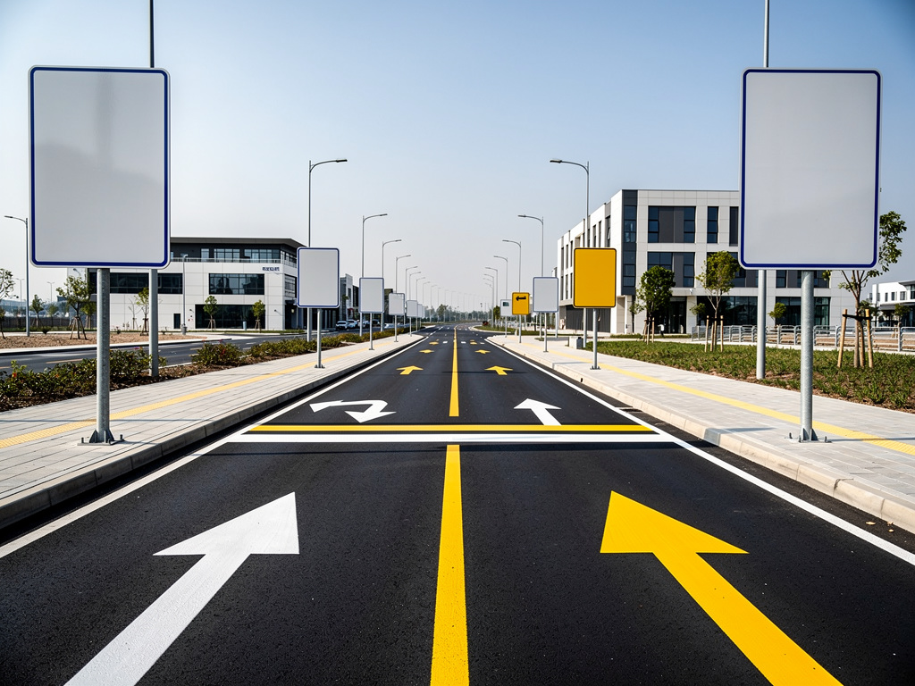 Carretera urbana moderna con flechas de tráfico, señales viales en blanco y edificios de oficinas