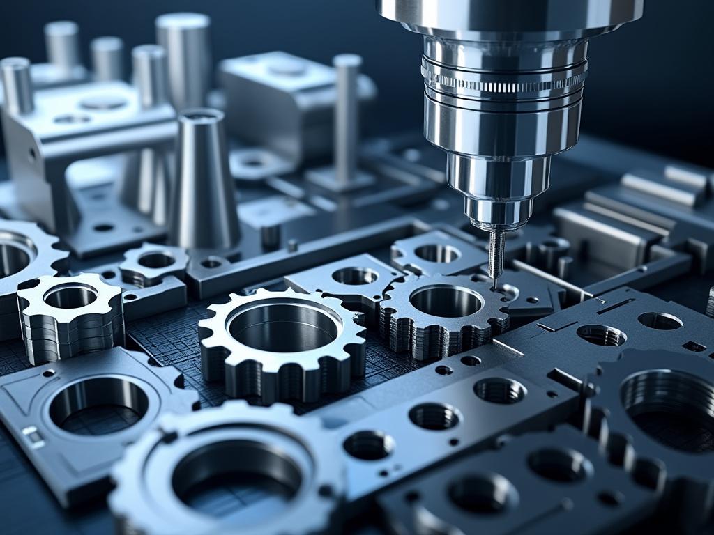 Close-up of a CNC machine milling metal gears and parts on a workbench.