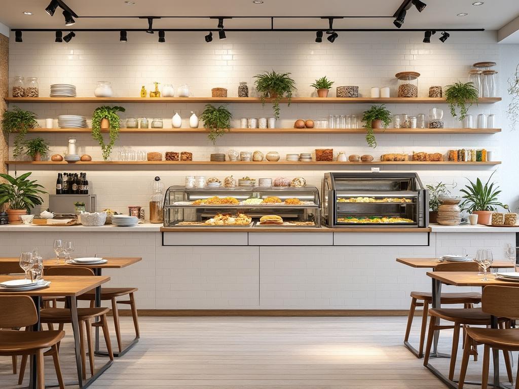 Interior de una cafetería moderna con estanterías de madera, plantas decorativas y vitrinas con variedad de pasteles y panes, mesas de madera dispuestas para clientes.