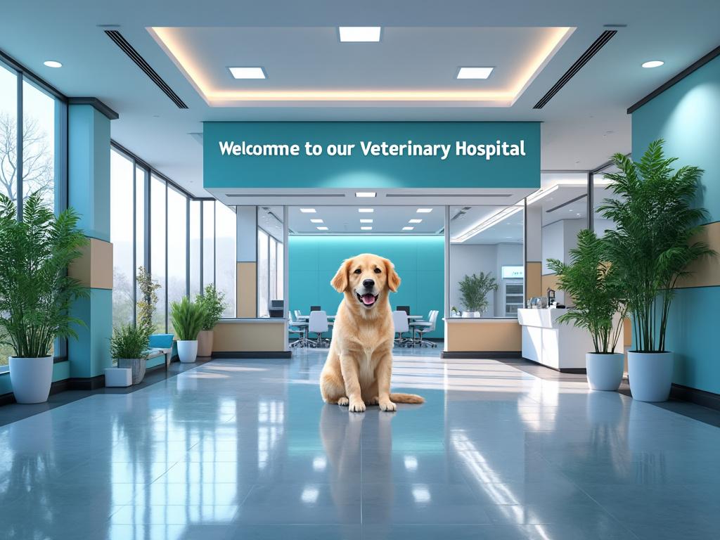 Recepción de hospital veterinario con perro sentado, rodeado de plantas verdes y diseño moderno.