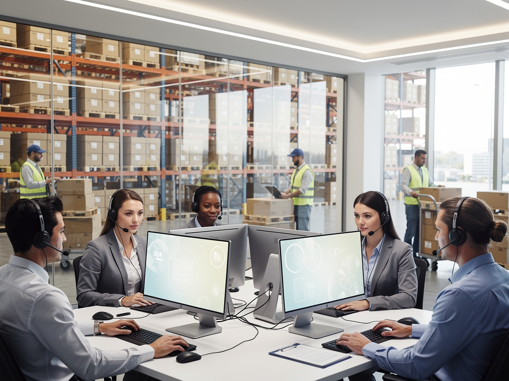 Equipo de atención al cliente con auriculares gestionando logística en oficina junto a almacén con cajas y estanterías