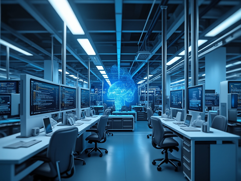 Laboratorio futurista de inteligencia artificial con cerebro holográfico azul, monitores con código y estaciones de trabajo tecnológicas
