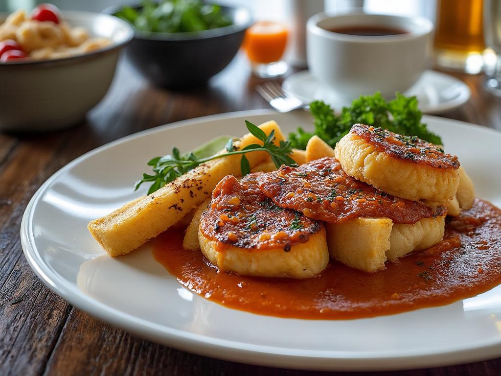 Plato de patatas cubiertas con salsa de tomate, acompañado de hierbas y pan frito, con fondo de mesa rústica.
