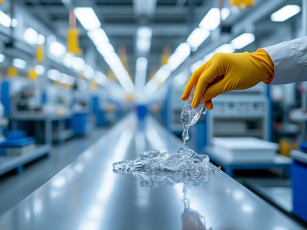 Mano con guante amarillo vertiendo líquido transparente sobre una superficie de metal en un laboratorio industrial.