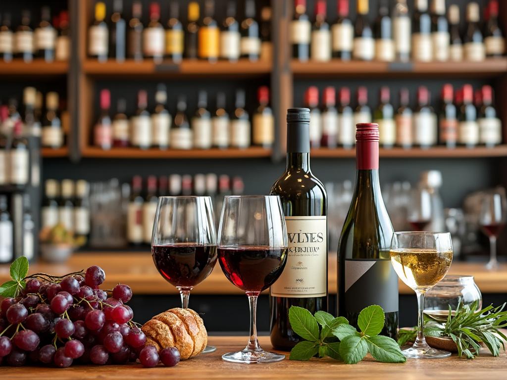 Botellas de vino tinto y blanco con copas, uvas, pan y hierbas en una mesa de madera en bodega, estantería de vinos al fondo.