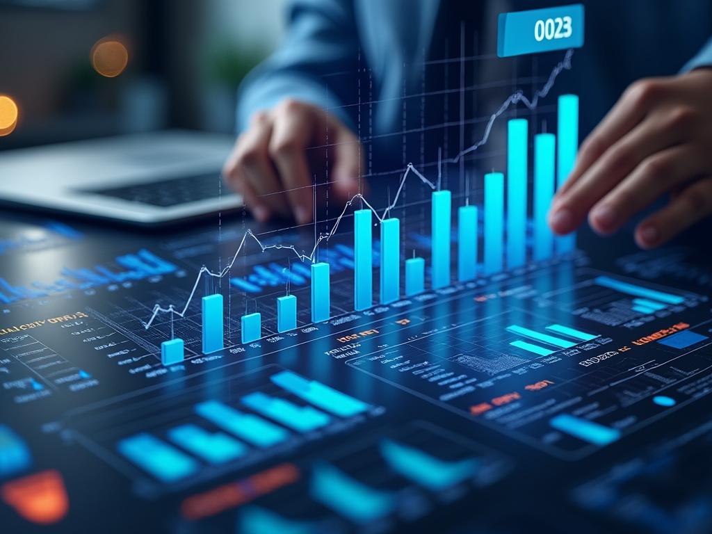 Persona analizando gráficos de datos en una pantalla digital con barras y líneas ascendentes.