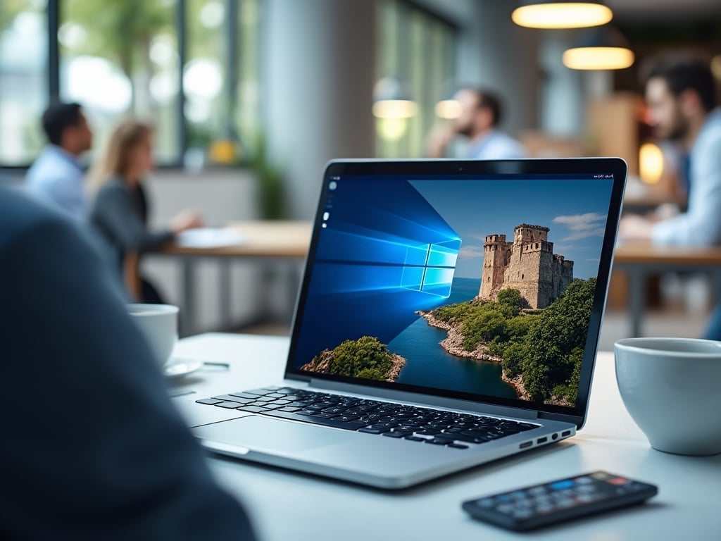 Portátil en oficina moderna con pantalla de Windows y paisaje de castillo, fondo de personas difuminadas.