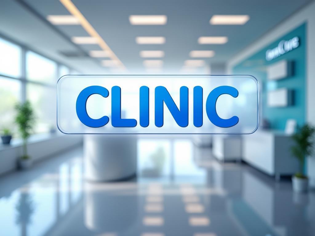 Interior moderno de una clínica con el letrero 'CLINIC' en primer plano.