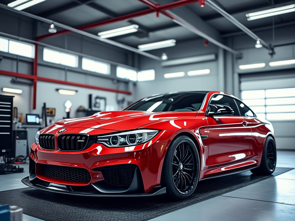 Coche deportivo BMW rojo en garaje moderno con diseño aerodinámico y llantas negras.