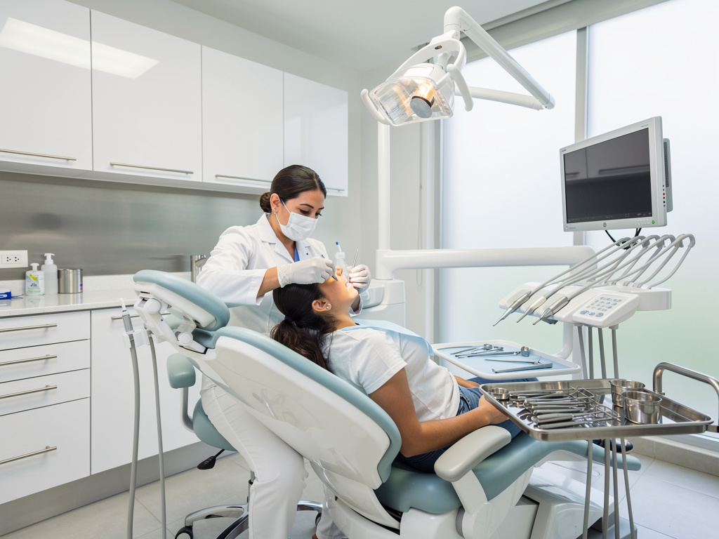 Dentista atendiendo a paciente en silla dental en clínica moderna con lámpara, monitor e instrumentos odontológicos