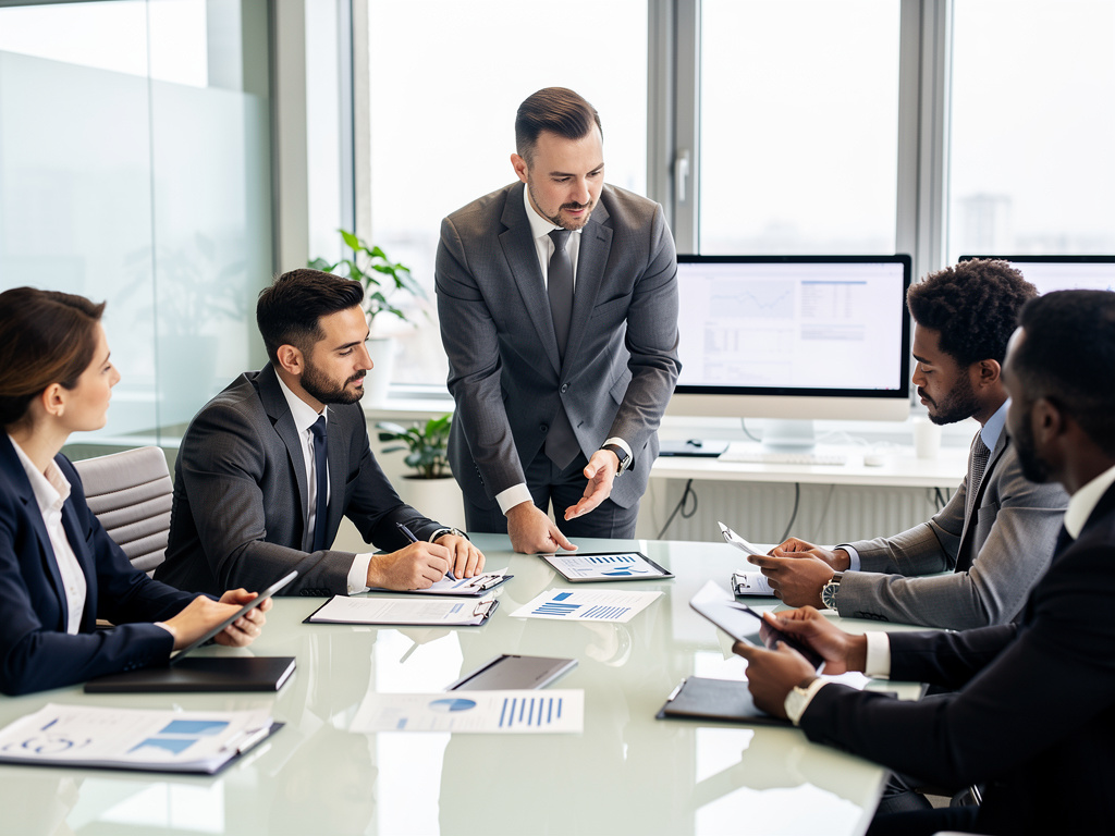 Business team in suits discussing financial charts during a corporate meeting in a modern office