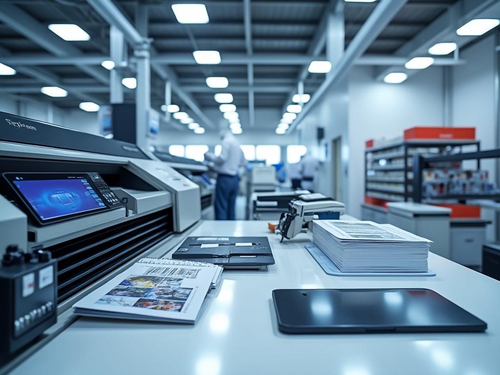 Impresora digital en un entorno de oficina moderna con documentos apilados en la mesa.