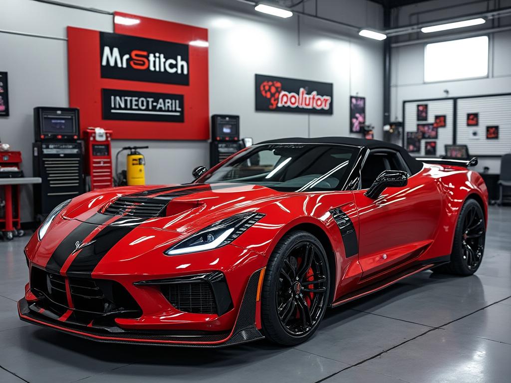 Red sports car with black racing stripes parked in a modern garage with tools and equipment.