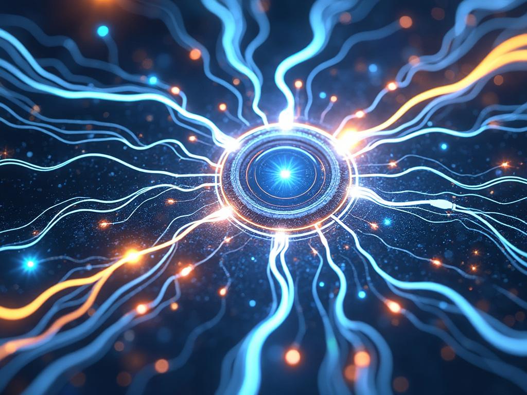 Representación abstracta de un núcleo energético con líneas azules y naranjas irradiando en una superficie oscura.