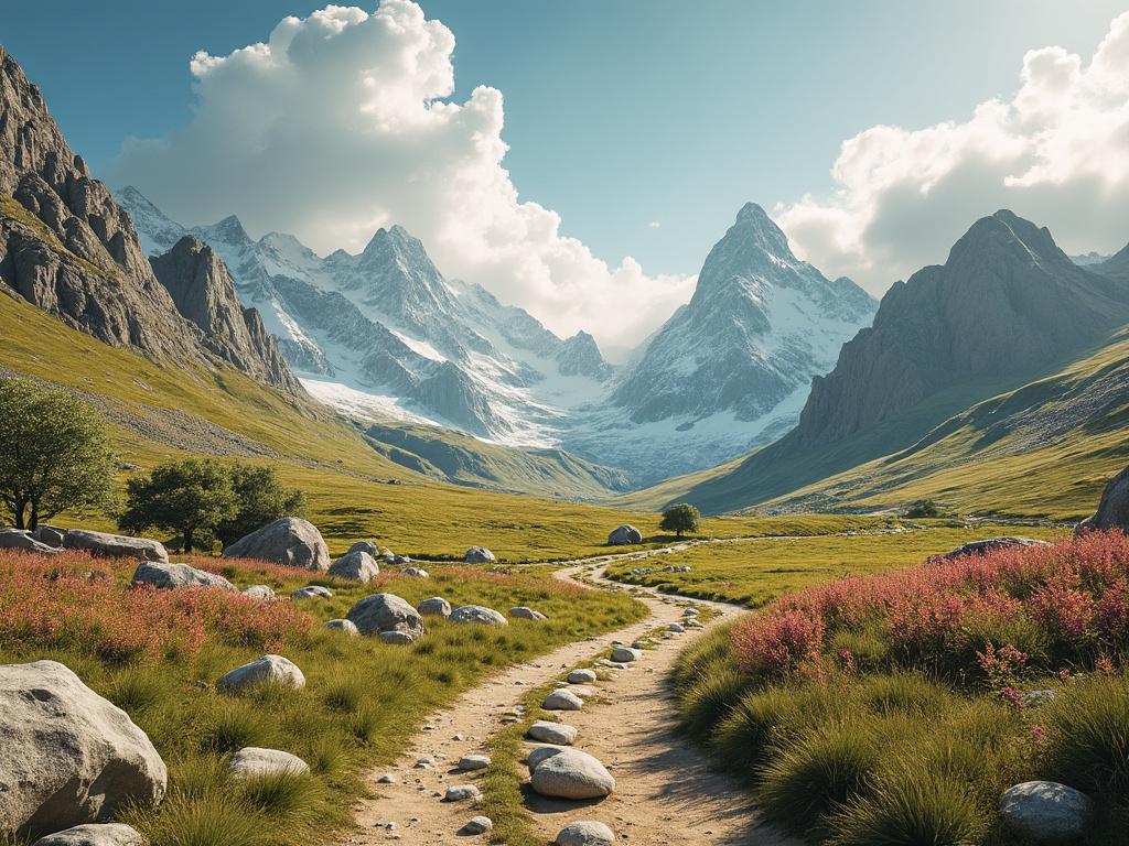Paisaje montañoso con camino serpenteante, prados verdes, flores rosadas y montañas nevadas al fondo en un día soleado.