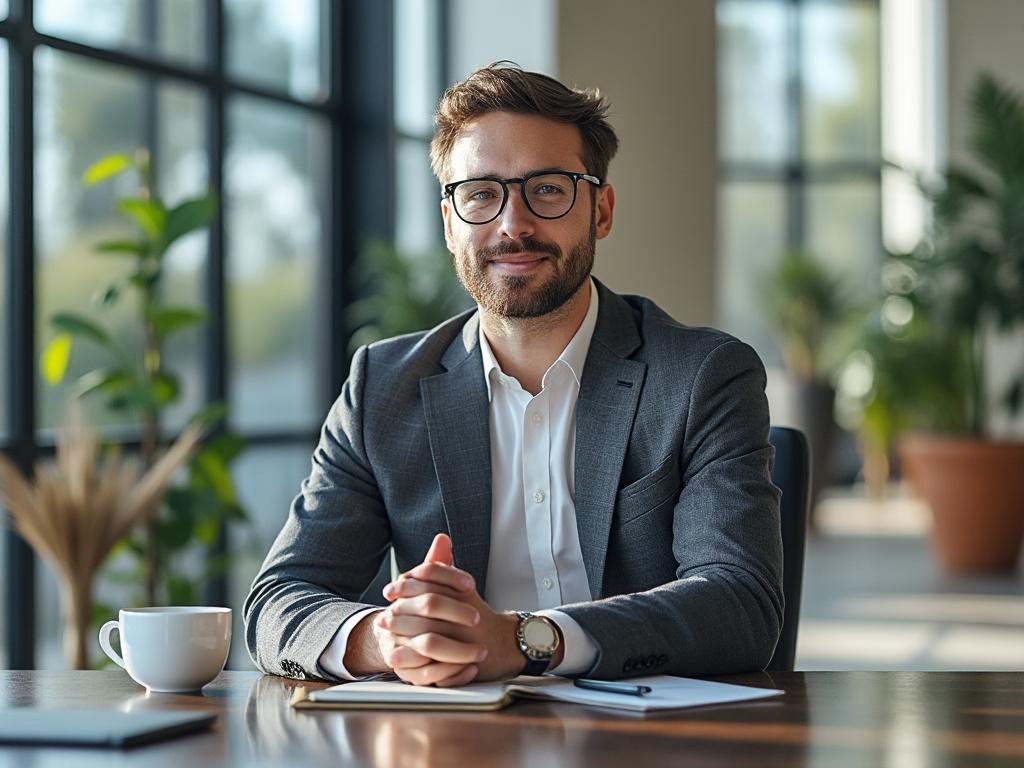 Hombre con gafas sonriendo en una oficina moderna, sentado en un escritorio con una taza de café.