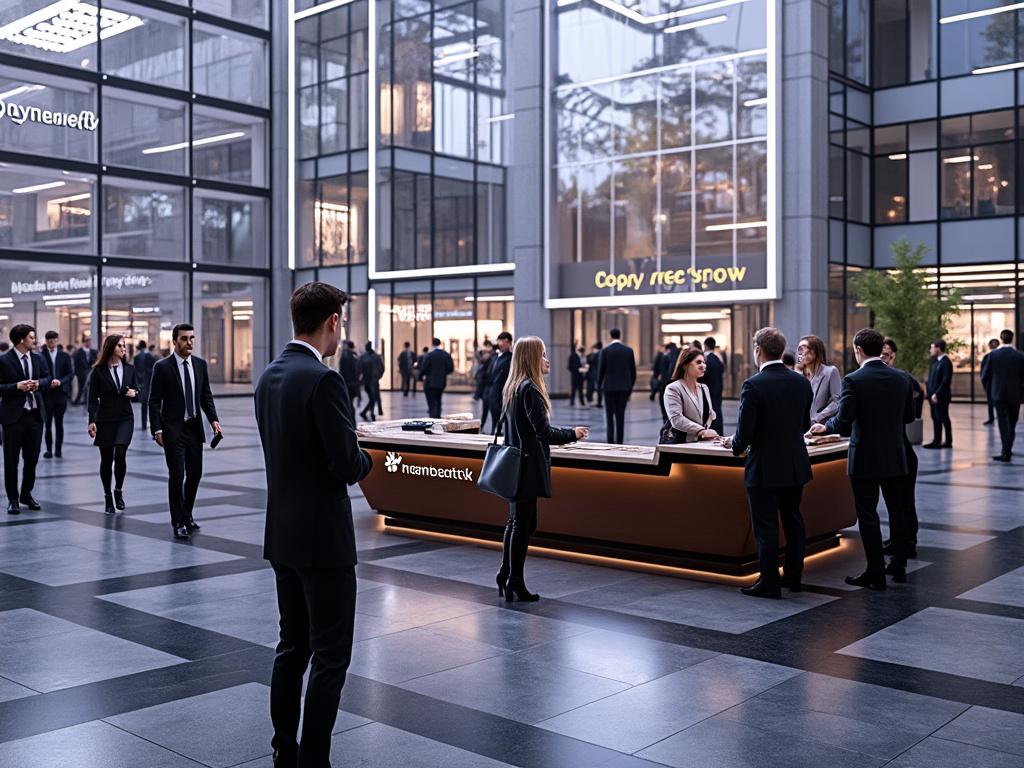 Corporate professionals gather in a modern office lobby with glass walls. Corporate professionals gather in a modern office lobby with glass walls.