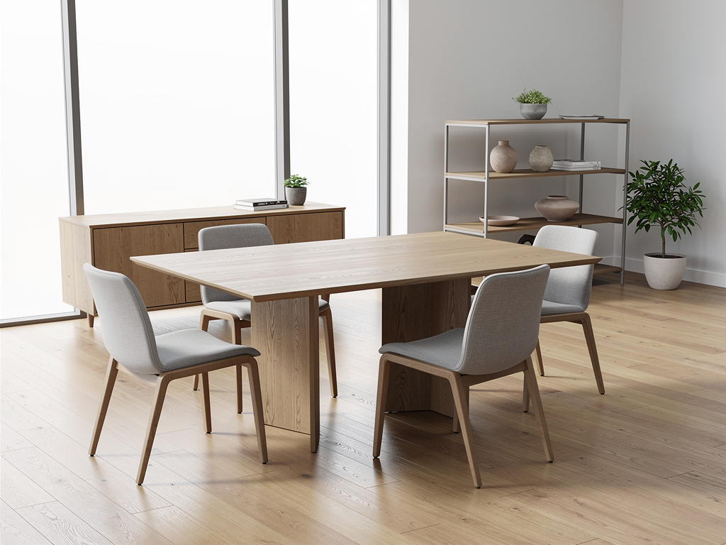 Modern minimalist dining room with light wood table, four gray upholstered chairs, sideboard, shelving, and indoor plants