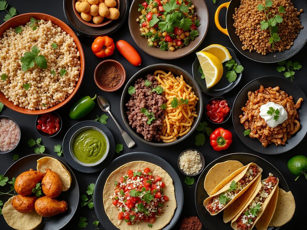 Mesa con variedad de platos mexicanos, incluyendo tacos, frijoles, arroz, salsa, jalapeños y limón, decorados con cilantro.
