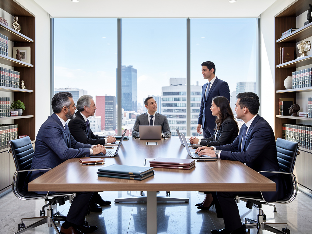 Reunión de abogados en sala de juntas moderna con laptops y vista urbana