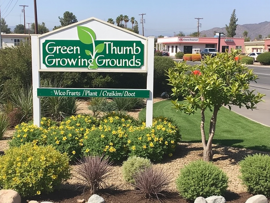 Sign reading 'Green Thumb Growing Grounds' surrounded by lush greenery and yellow flowers, with a road and buildings in the background.