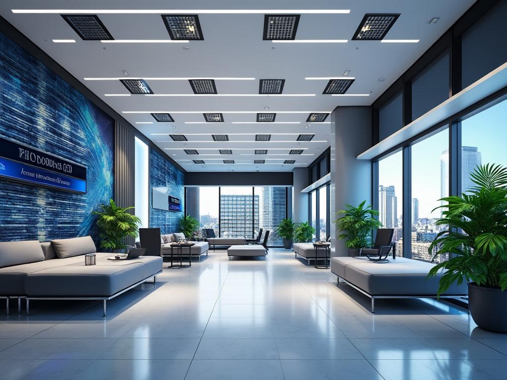 Moderna sala de espera con sofás grises, grandes ventanas panorámicas con vistas urbanas y plantas decorativas.