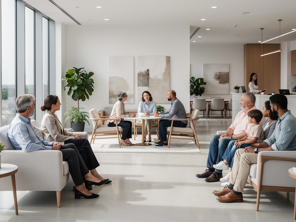 Diverse patients waiting in a modern healthcare clinic lounge with doctors consulting at a table