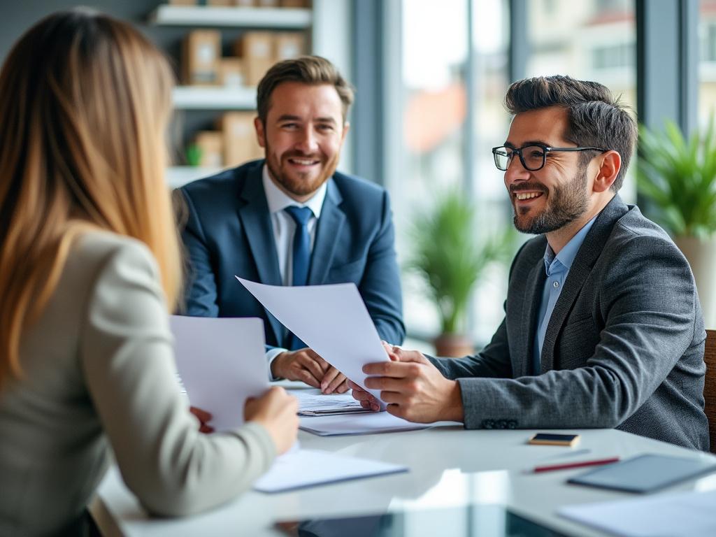 Grupo de personas en reunión de negocios, sonriendo y sosteniendo documentos en una oficina moderna con plantas.