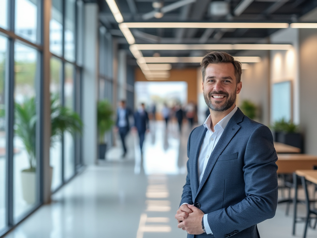 Hombre de negocios sonriendo de pie en un moderno pasillo de oficina con paredes de vidrio y plantas.
