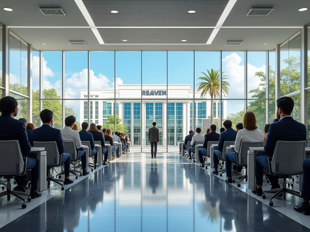 Conferencia en un salón moderno con grandes ventanales, personas sentadas en sillas, hombre de pie al frente, edificio y palmera visibles a través de las ventanas. Conferencia en un salón moderno con grandes ventanales, personas sentadas en sillas, hombre de pie al frente, edificio y palmera visibles a través de las ventanas.