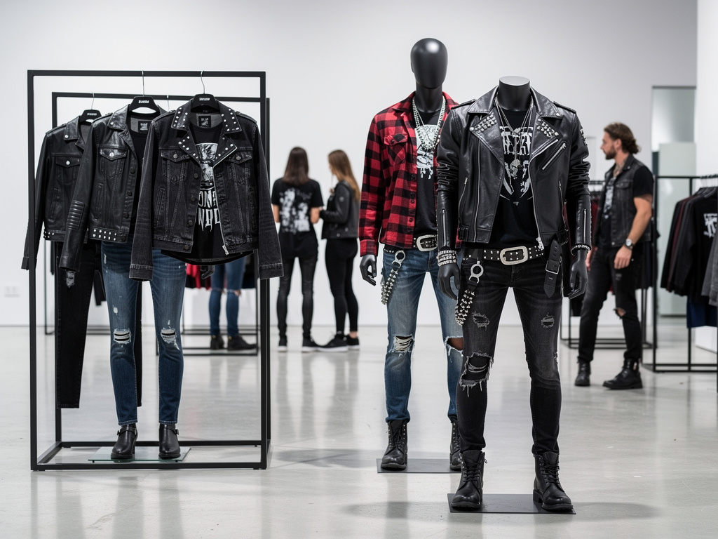 Maniquíes con moda punk rock, chaquetas de cuero negro, jeans rotos y camisetas gráficas en tienda de ropa moderna
