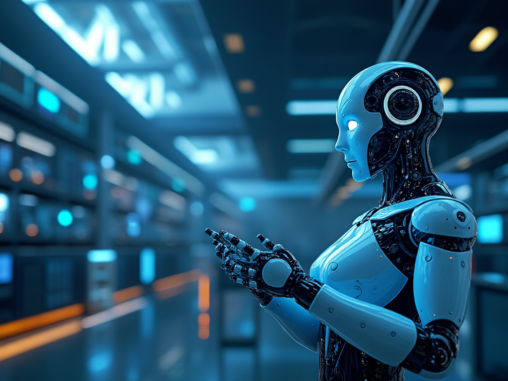 Robot humanoide en un entorno futurista tecnológico con luces azules.