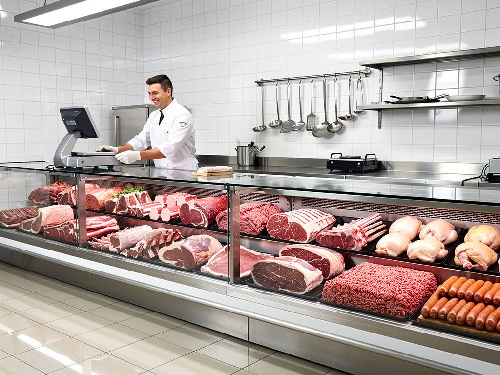 Carnicero atendiendo en mostrador refrigerado con carnes frescas, pollo, embutidos y carne picada en carnicería limpia