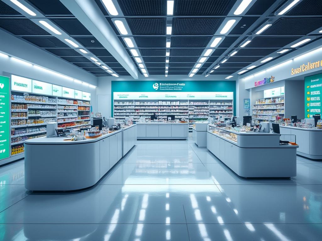 Moderna farmacia con estanterías llenas de productos y mostradores blancos bajo iluminación brillante.