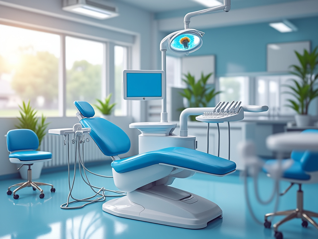 Consultorio dental moderno con silla azul, equipo odontológico y luz LED, rodeado de plantas y luz natural.