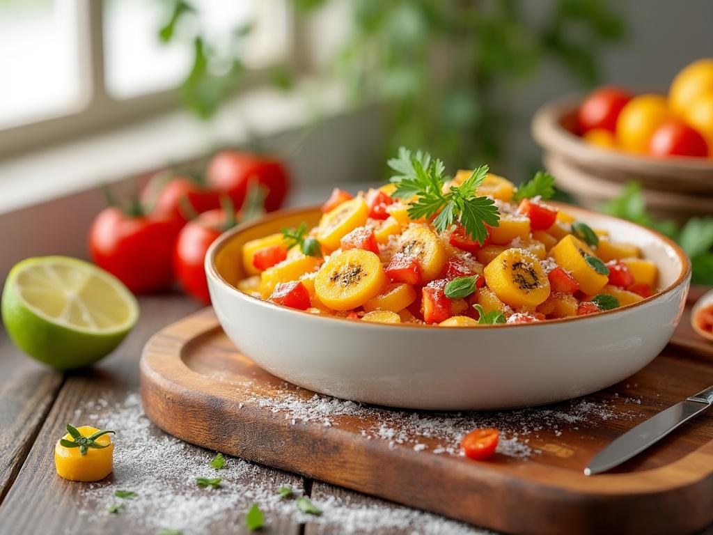 Ensalada de frutas frescas con kiwis amarillos, hierbas y tomate, servida en un cuenco sobre mesa de madera.