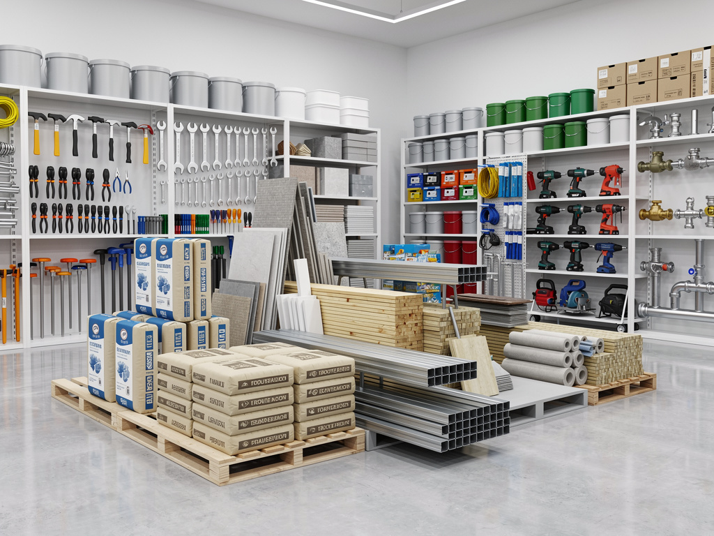 Tienda de materiales de construcción y ferretería con herramientas, sacos de cemento, madera, tubos metálicos y estanterías organizadas