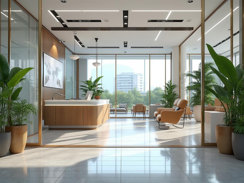 Oficina moderna con muebles de madera clara, grandes ventanales y plantas verdes, iluminada por luz natural. Oficina moderna con muebles de madera clara, grandes ventanales y plantas verdes, iluminada por luz natural.