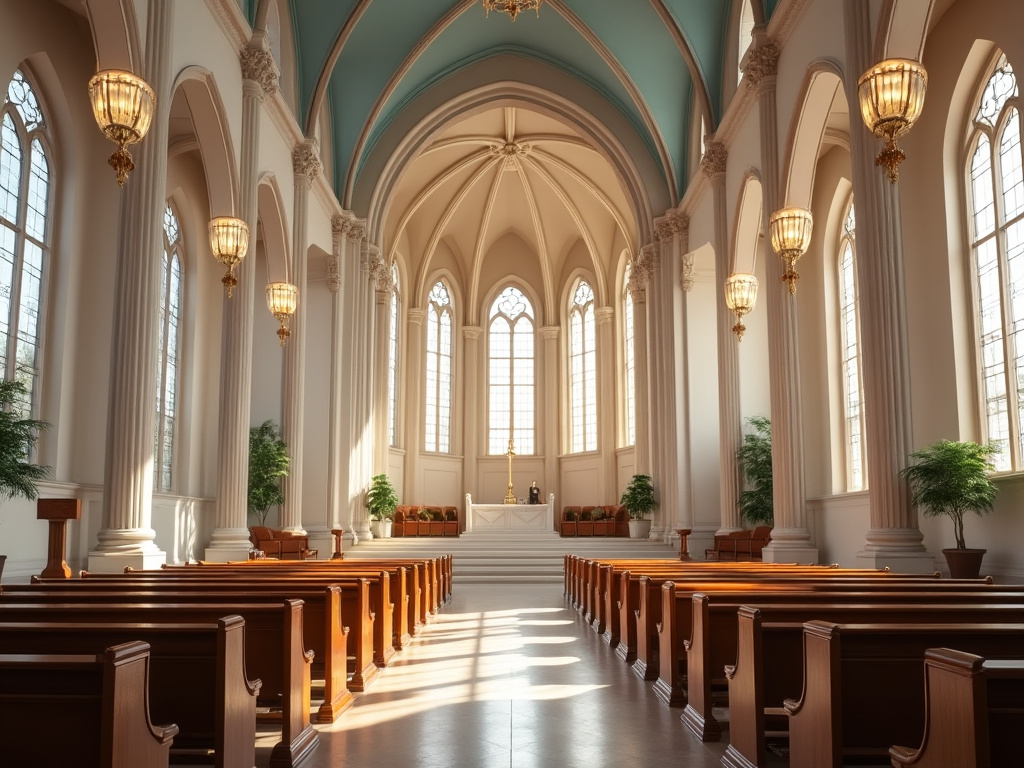 Interior de una iglesia luminosa con altos arcos, vitrales y bancos de madera en filas.