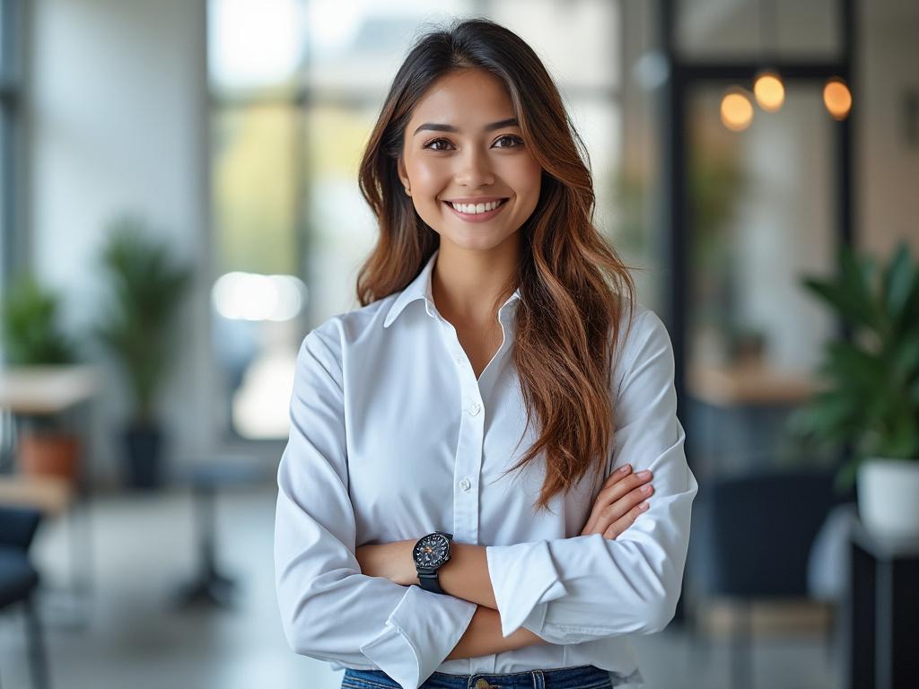Smiling woman with long hair in white shirt, standing in modern office with arms crossed.