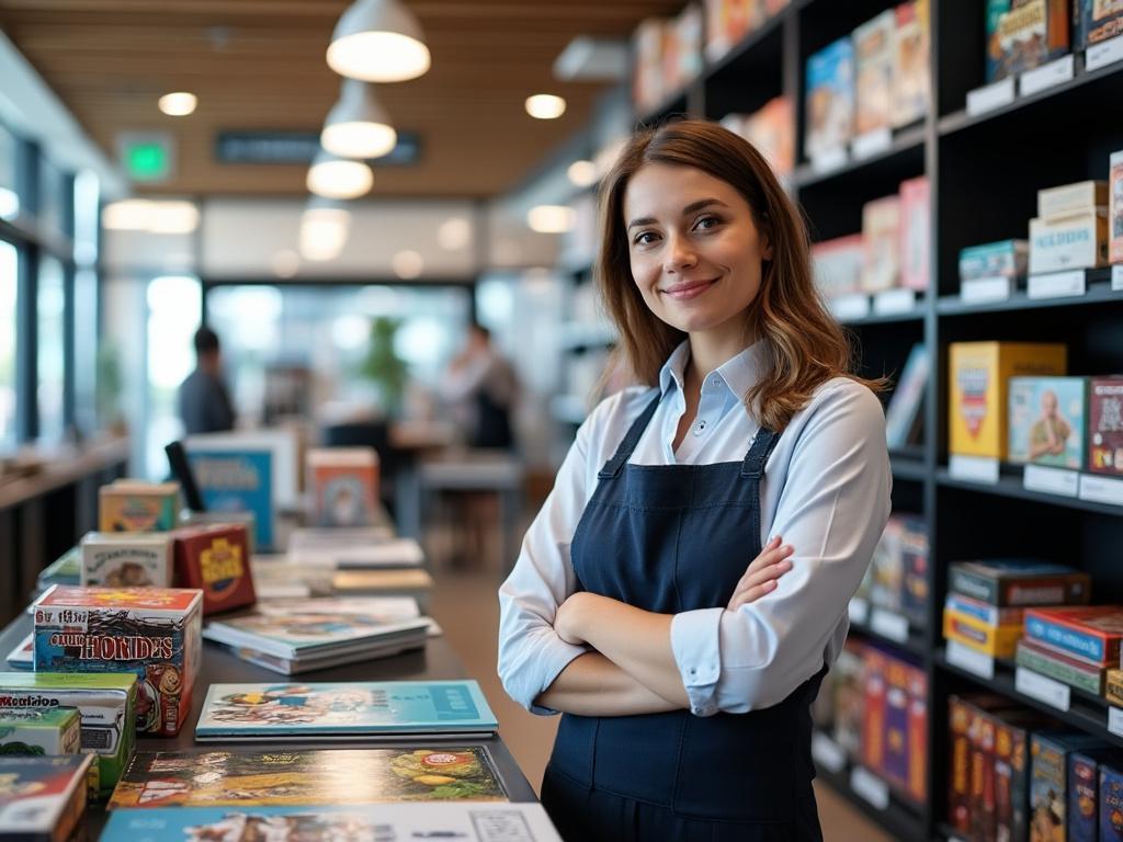 Mujer con delantal azul en librería moderna, estantes llenos de libros y juegos, ambiente interior iluminado.
