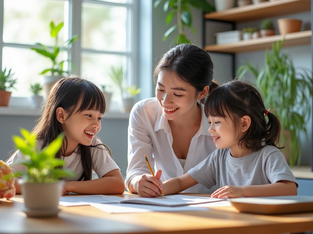 Madre sonriente enseña a escribir a sus dos hijas en una mesa, rodeadas de plantas en un ambiente luminoso.