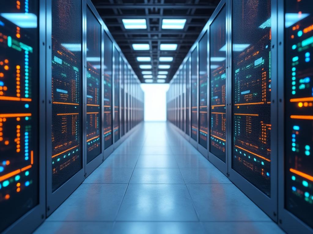 View down a brightly lit, modern data center aisle with rows of server racks and illuminated panels.