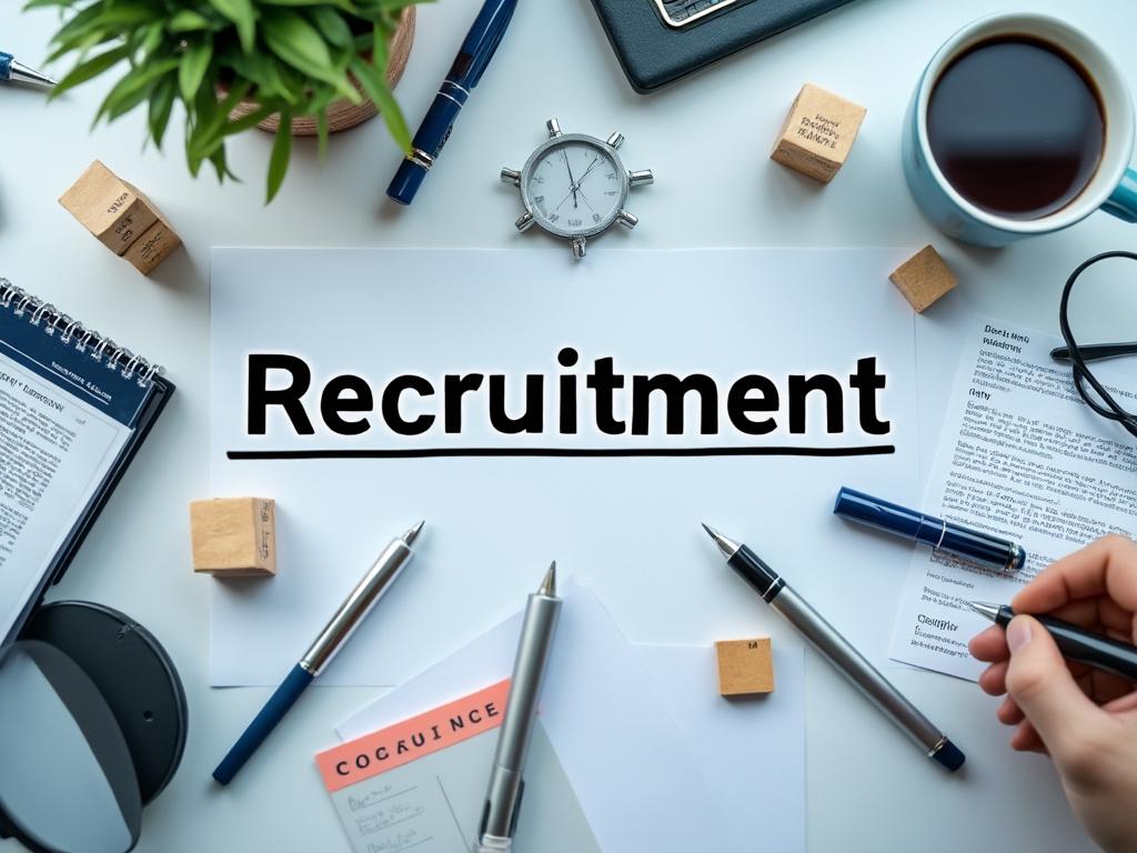 Mesa de trabajo con documentos de reclutamiento, bolígrafos, reloj, café y plantas.