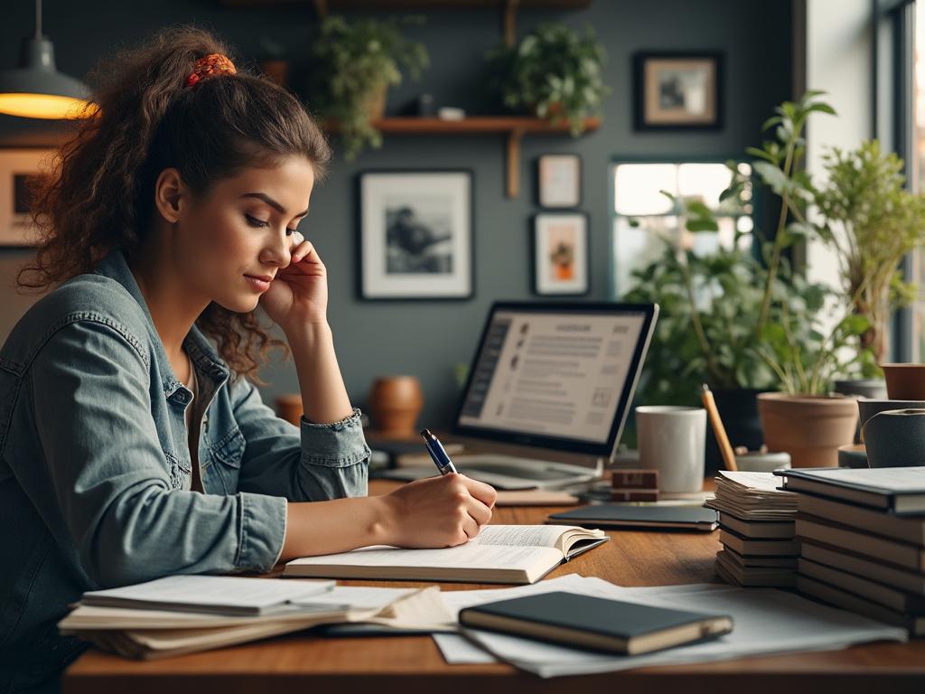Mujer estudiando en una mesa de trabajo con portátil, libros y plantas alrededor, en un ambiente acogedor y bien iluminado.